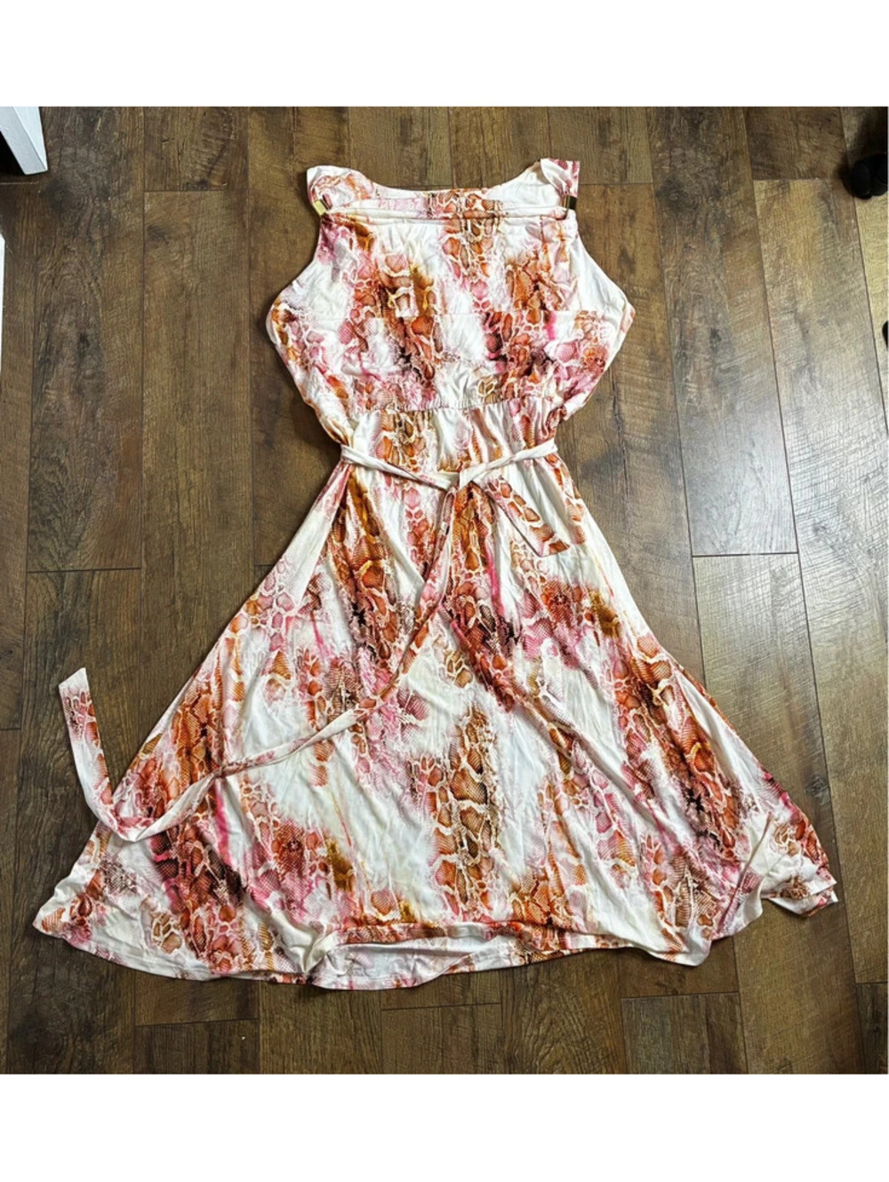 Calvin Klein Belted Midi Dress Sz 1X Pink Orange Snake Print Boho Resort
